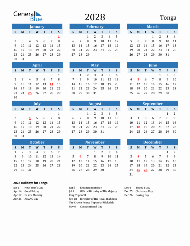 Printable Calendar 2028 with Tonga Holidays (Sunday Start)
