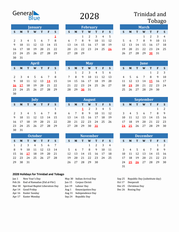 Printable Calendar 2028 with Trinidad and Tobago Holidays (Sunday Start)