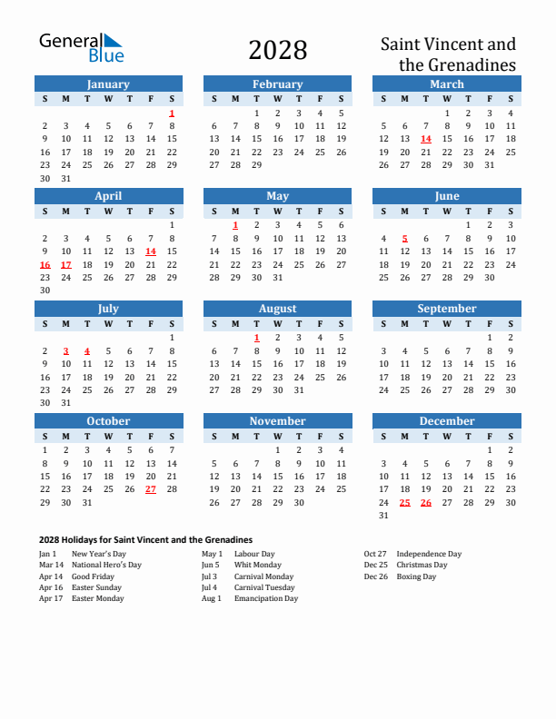 Printable Calendar 2028 with Saint Vincent and the Grenadines Holidays (Sunday Start)