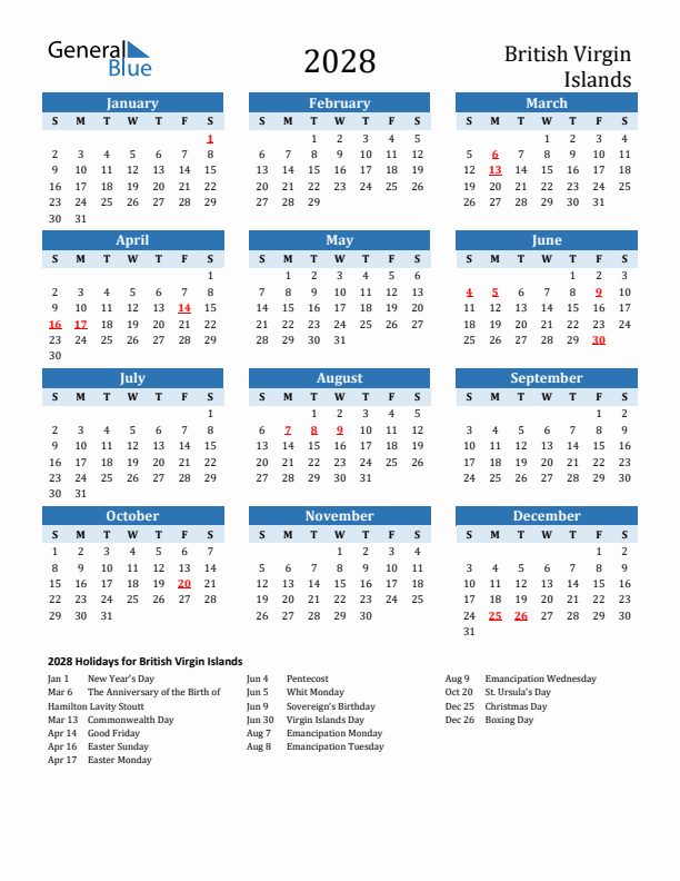 Printable Calendar 2028 with British Virgin Islands Holidays (Sunday Start)