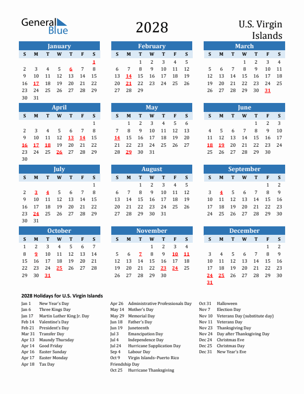 Printable Calendar 2028 with U.S. Virgin Islands Holidays (Sunday Start)