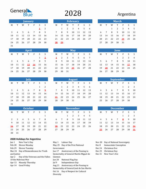 Argentina 2028 Calendar with Holidays