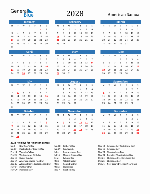 American Samoa 2028 Calendar with Holidays