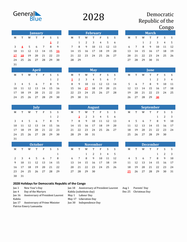 Democratic Republic of the Congo 2028 Calendar with Holidays
