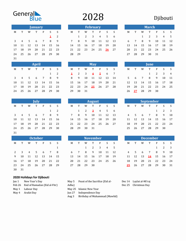 Djibouti 2028 Calendar with Holidays
