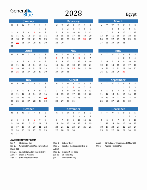 Egypt 2028 Calendar with Holidays