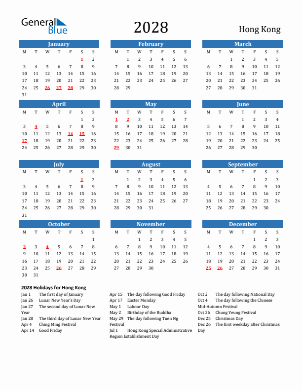 Hong Kong 2028 Calendar with Holidays