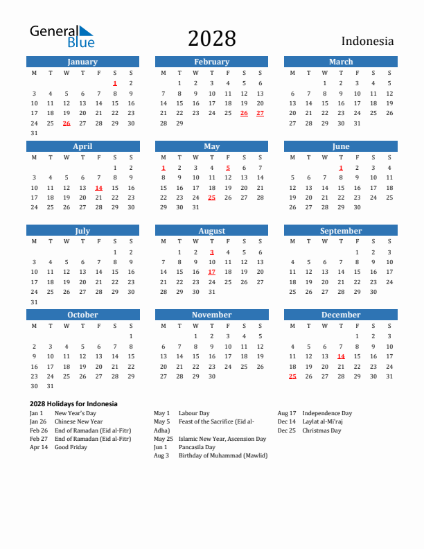Indonesia 2028 Calendar with Holidays