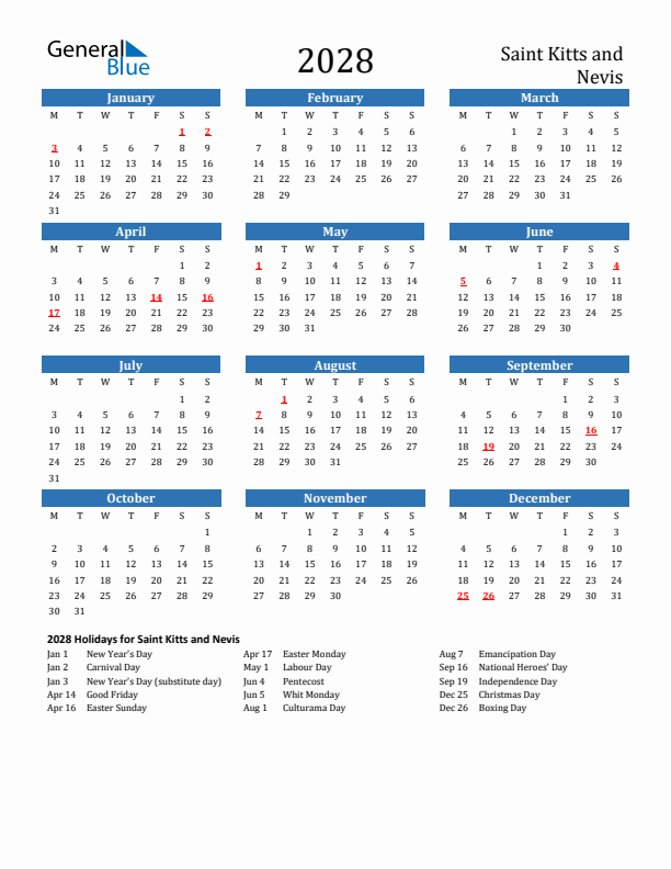 Saint Kitts and Nevis 2028 Calendar with Holidays
