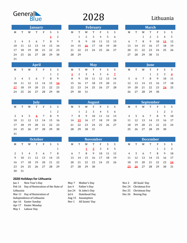 Lithuania 2028 Calendar with Holidays