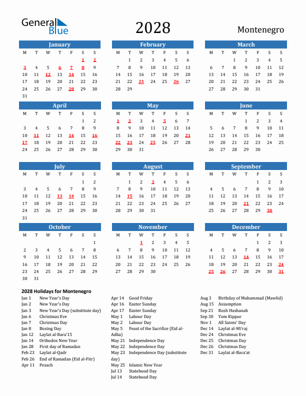 Montenegro 2028 Calendar with Holidays