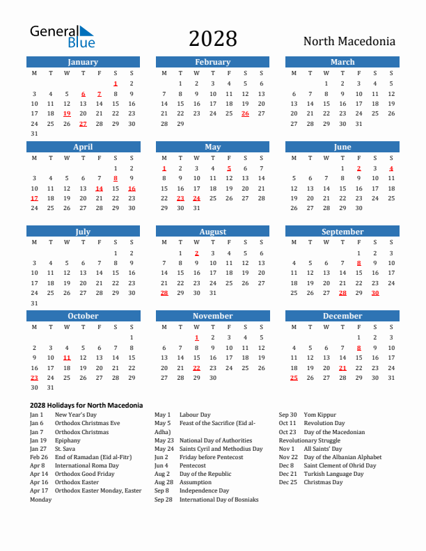 North Macedonia 2028 Calendar with Holidays