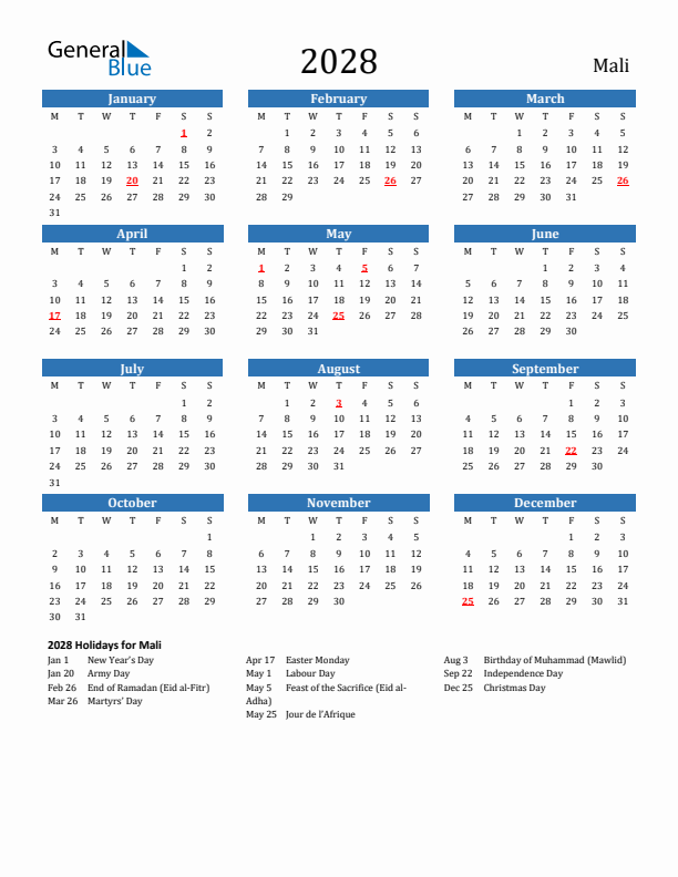 Mali 2028 Calendar with Holidays