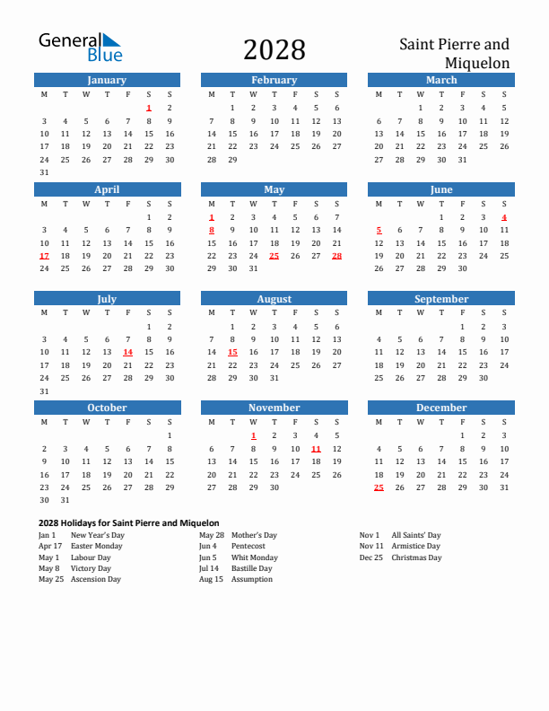 Saint Pierre and Miquelon 2028 Calendar with Holidays