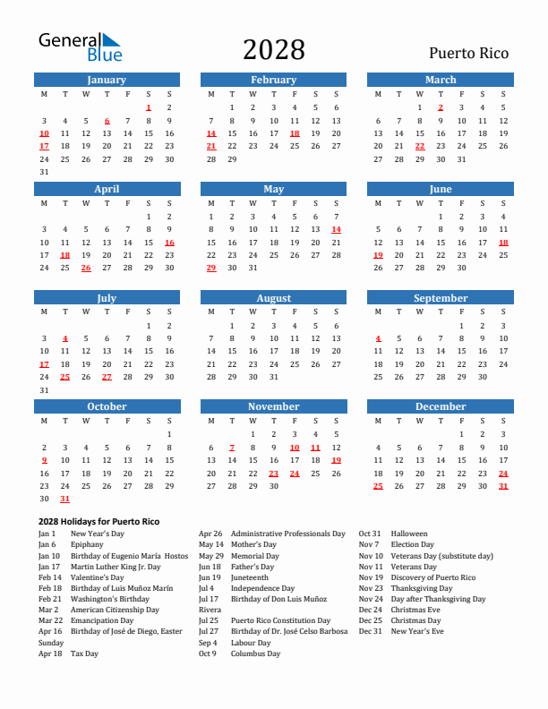 Puerto Rico 2028 Calendar with Holidays