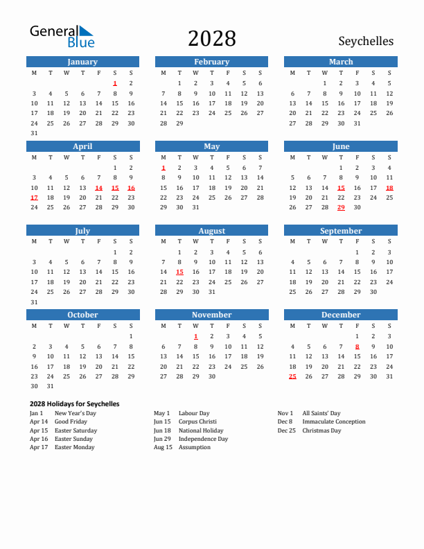 Seychelles 2028 Calendar with Holidays