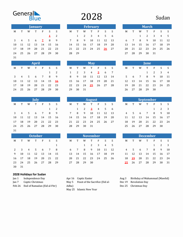 Sudan 2028 Calendar with Holidays