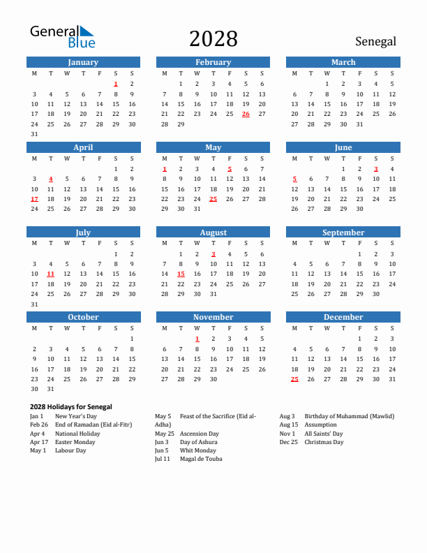 Senegal 2028 Calendar with Holidays