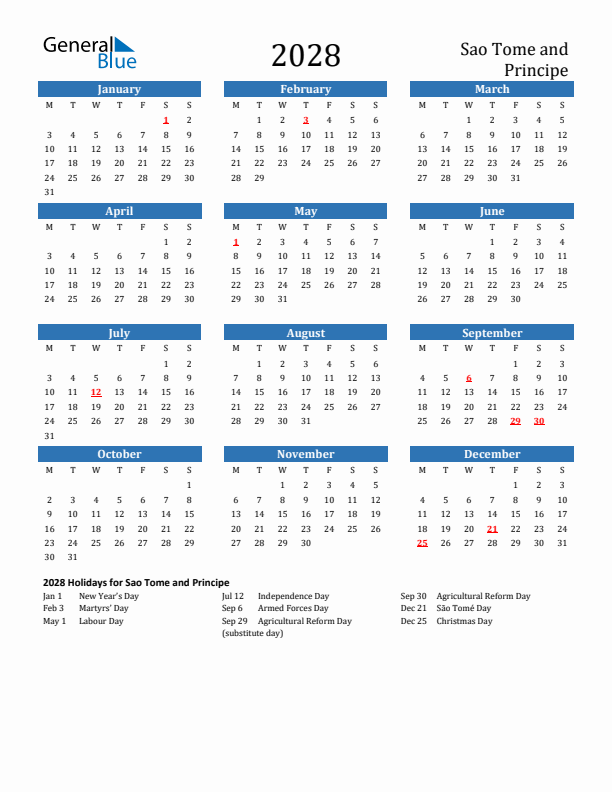Sao Tome and Principe 2028 Calendar with Holidays