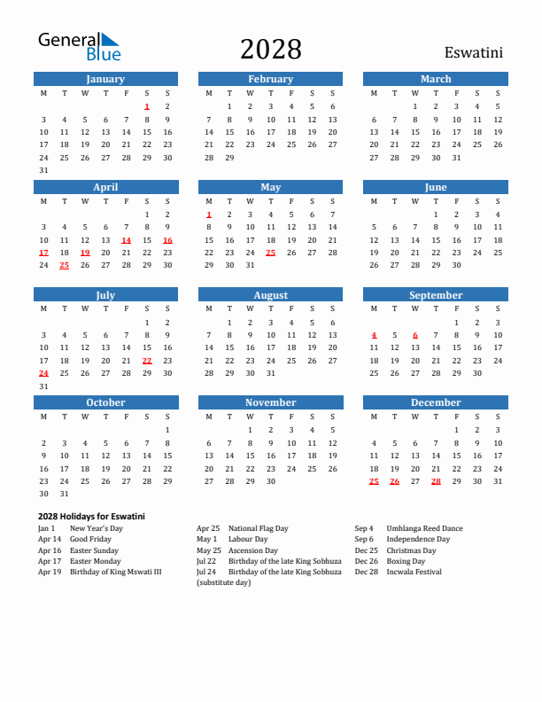 Eswatini 2028 Calendar with Holidays