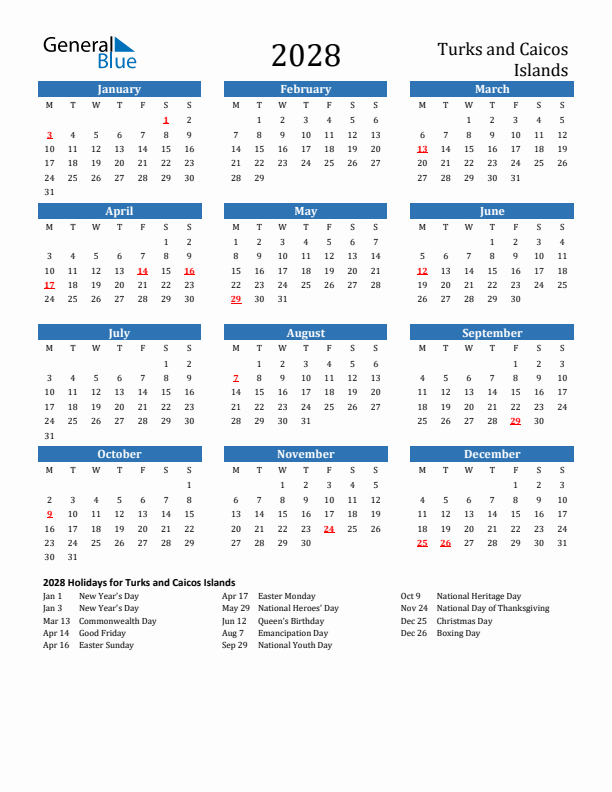 Turks and Caicos Islands 2028 Calendar with Holidays