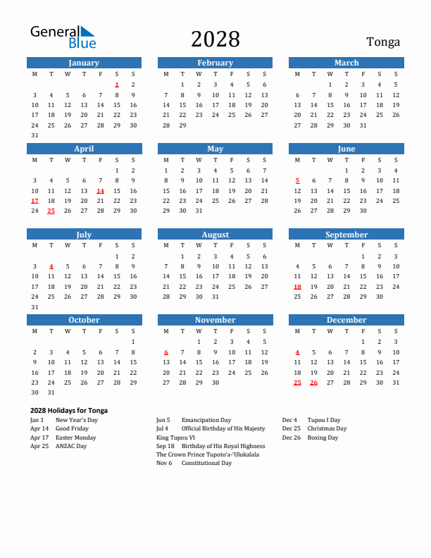 Tonga 2028 Calendar with Holidays
