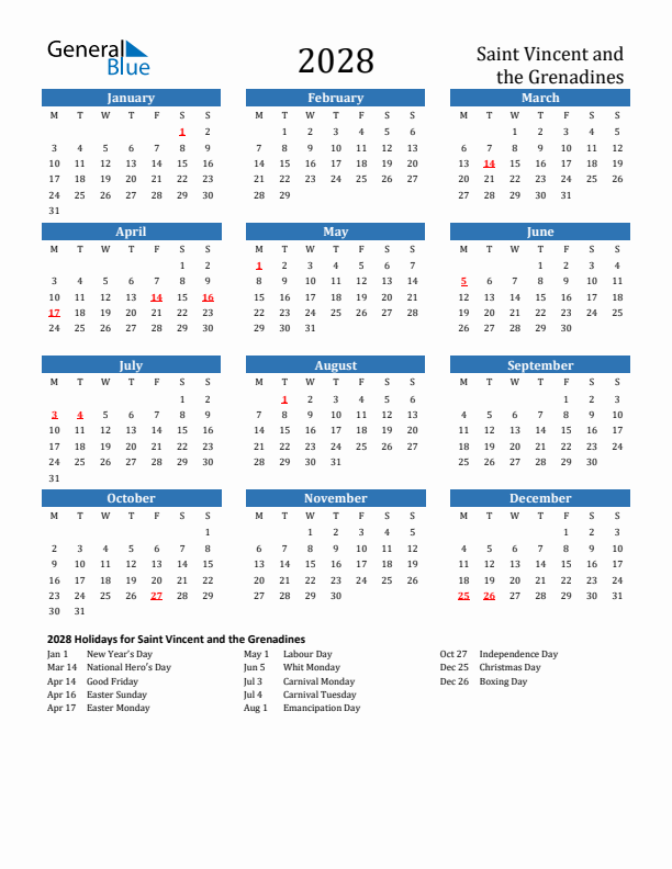 Saint Vincent and the Grenadines 2028 Calendar with Holidays
