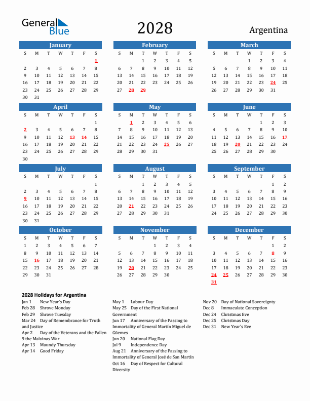 Argentina 2028 Calendar with Holidays