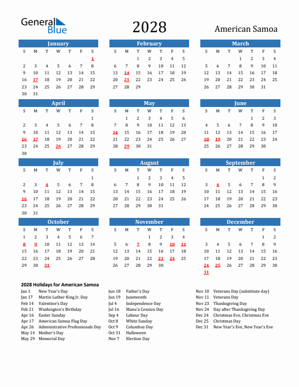American Samoa 2028 Calendar with Holidays