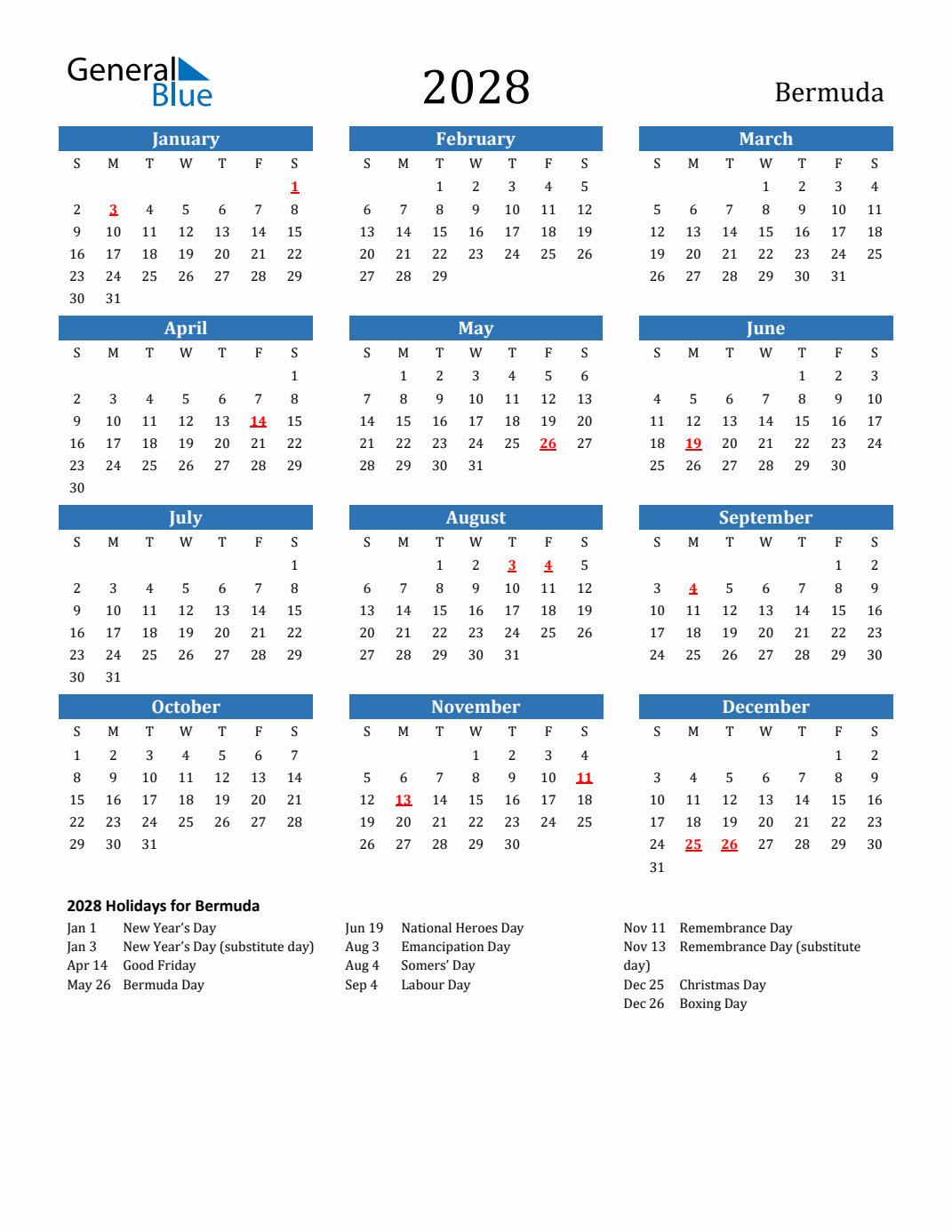 2028 Bermuda Calendar with Holidays