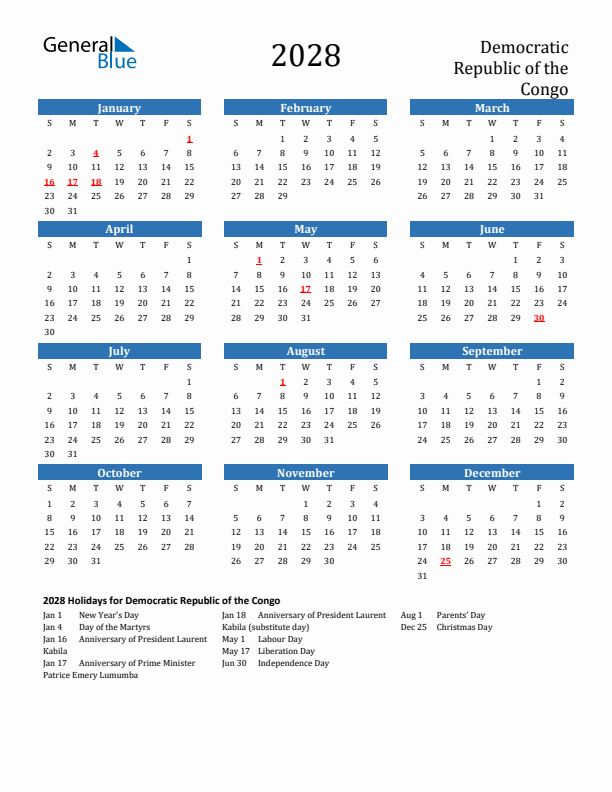 Democratic Republic of the Congo 2028 Calendar with Holidays