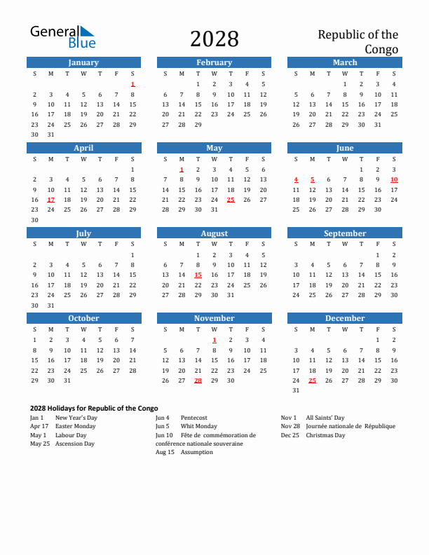 Republic of the Congo 2028 Calendar with Holidays