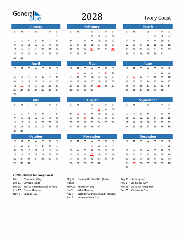 Ivory Coast 2028 Calendar with Holidays