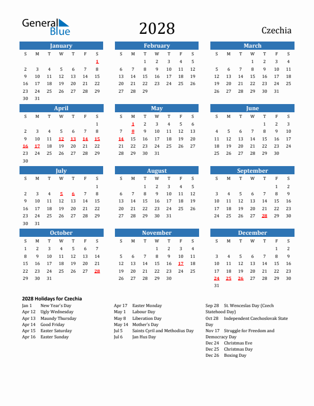 Czechia 2028 Calendar with Holidays