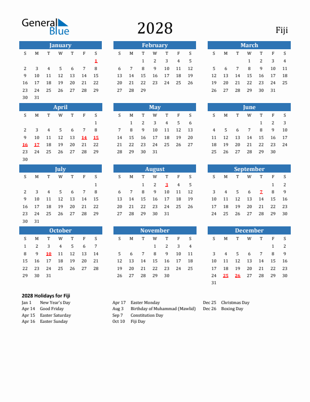 Fiji 2028 Calendar with Holidays