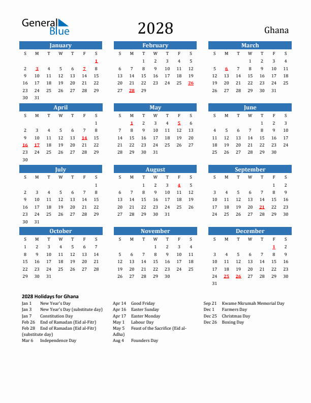 Ghana 2028 Calendar with Holidays