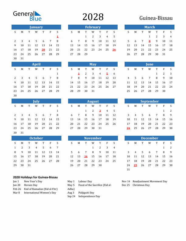 Guinea-Bissau 2028 Calendar with Holidays