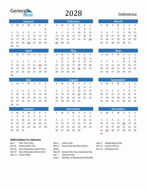 Indonesia 2028 Calendar with Holidays
