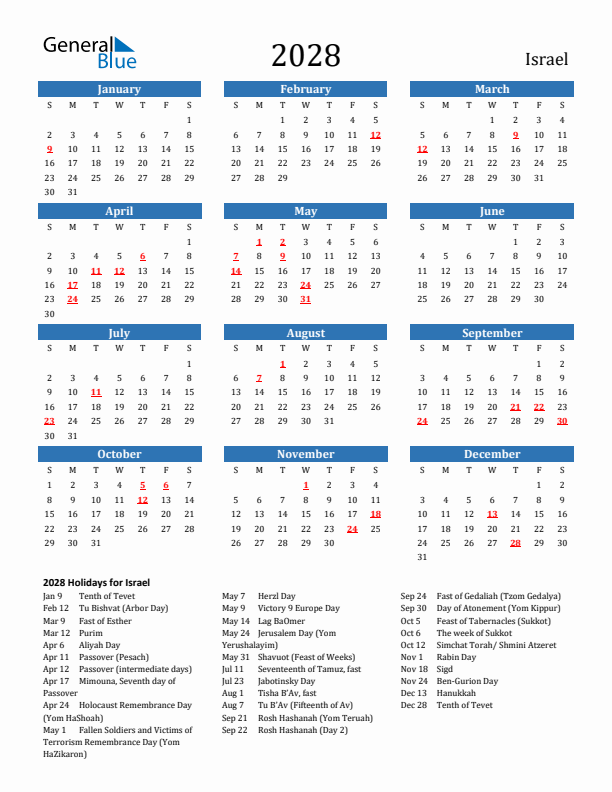 Israel 2028 Calendar with Holidays