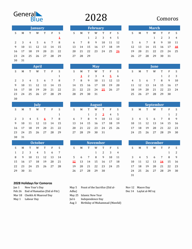 Comoros 2028 Calendar with Holidays