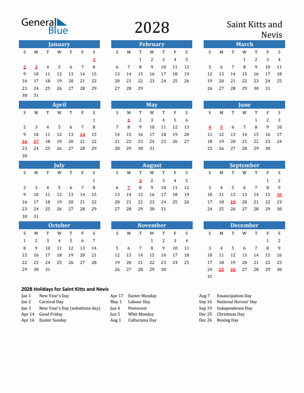 Saint Kitts and Nevis 2028 Calendar with Holidays