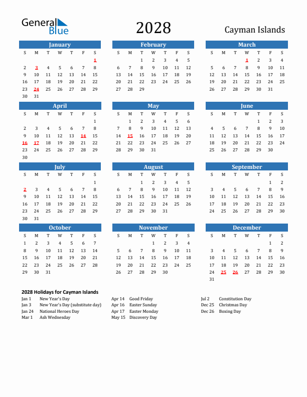 Cayman Islands 2028 Calendar with Holidays