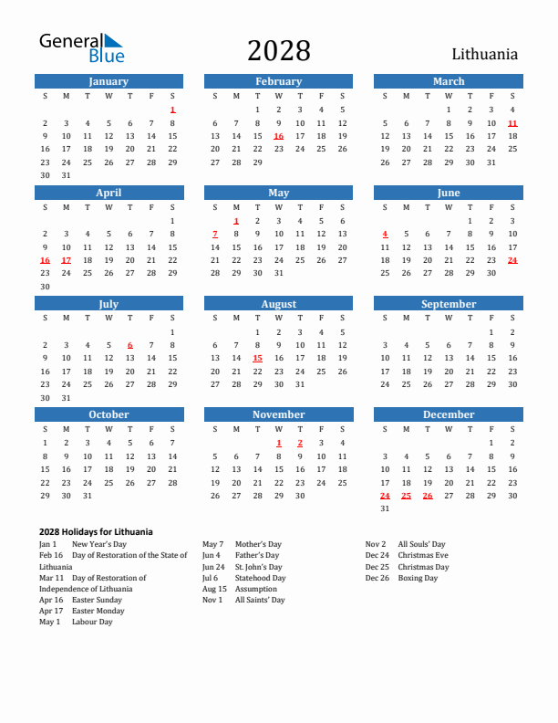 Lithuania 2028 Calendar with Holidays