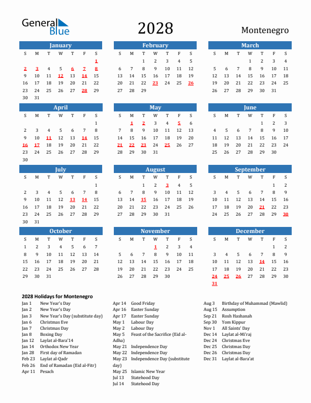 Montenegro 2028 Calendar with Holidays