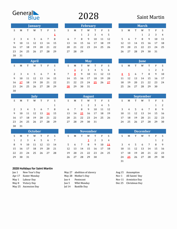 Saint Martin 2028 Calendar with Holidays