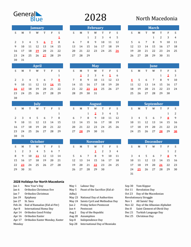 North Macedonia 2028 Calendar with Holidays