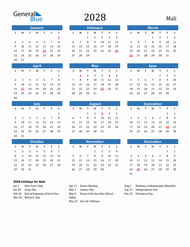 Mali 2028 Calendar with Holidays