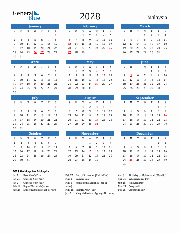 Malaysia 2028 Calendar with Holidays