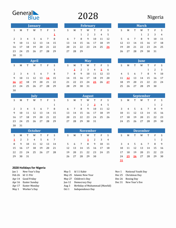 Nigeria 2028 Calendar with Holidays