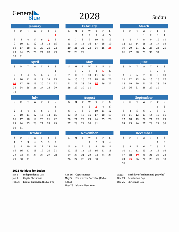 Sudan 2028 Calendar with Holidays